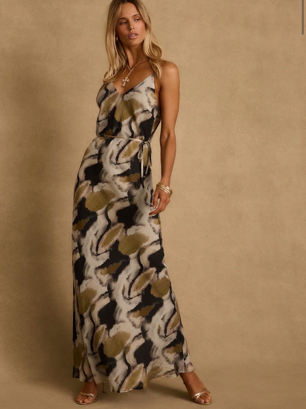 12th Tribe Sleeveless V-Neck Maxi Dress in Olive Black Print